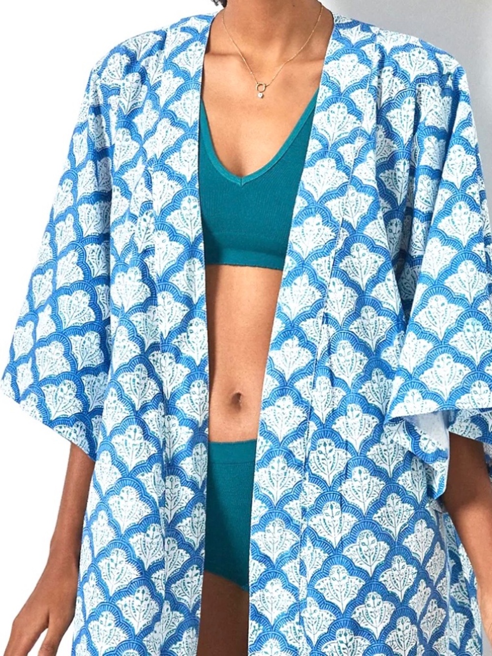 Roller Rabbit O/S Jemina Cotton Kimono Robe Blue Abstract Print 3/4 Sleeve